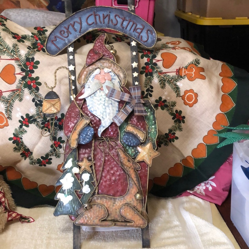 Vintage Metal Merry Christmas Sign Santa & Sleigh Wall Hanging Decor 34 1/2”x16”